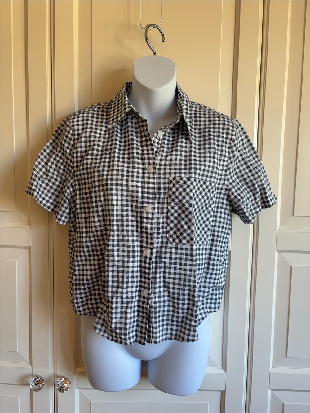 Sunday Best Blue & White Gingham Check Short Sleeve Button-Down Crop Top Size S - Picture 4 of 10